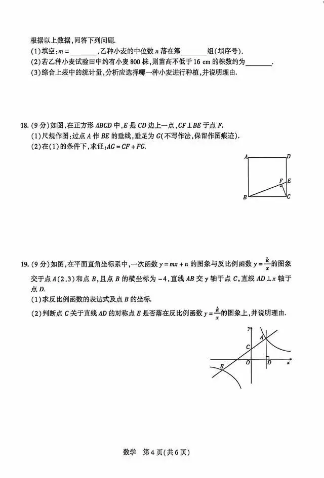 九年级下学期四月中考模拟测评数学试题及参考答案 第4张