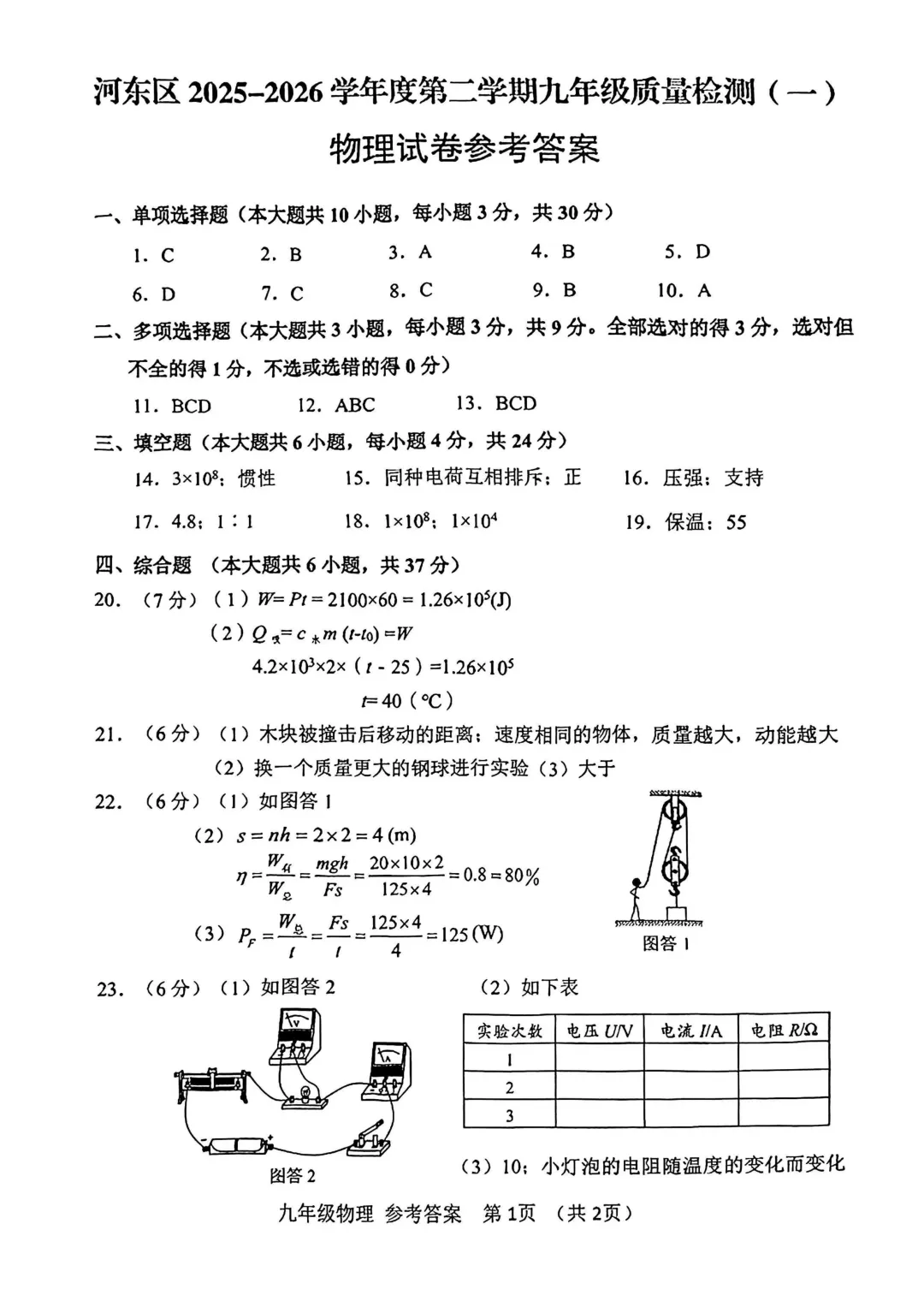 26春河东区物理初三一模试卷和答案 第11张