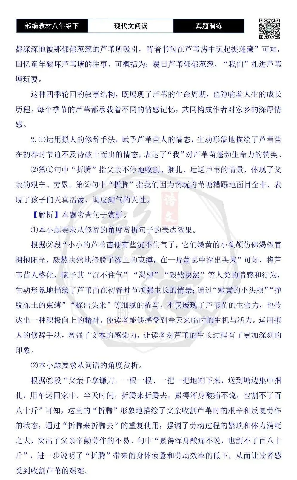 【现代文阅读-真题演练】八年级下-56-芦苇-思维导图+试题精析 第10张