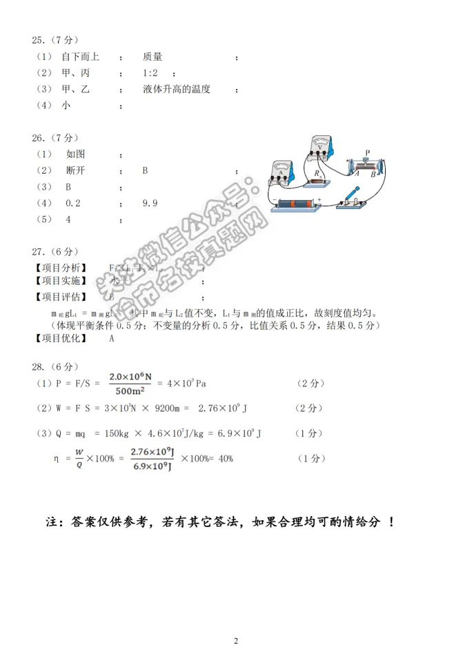 2026双城区九年级下物理一模 试卷+答案 第8张