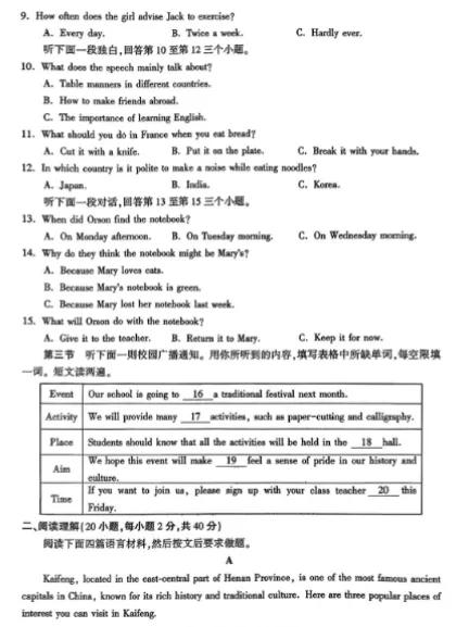 【河南中考模拟英语】开封一模 含听力音频 第2张