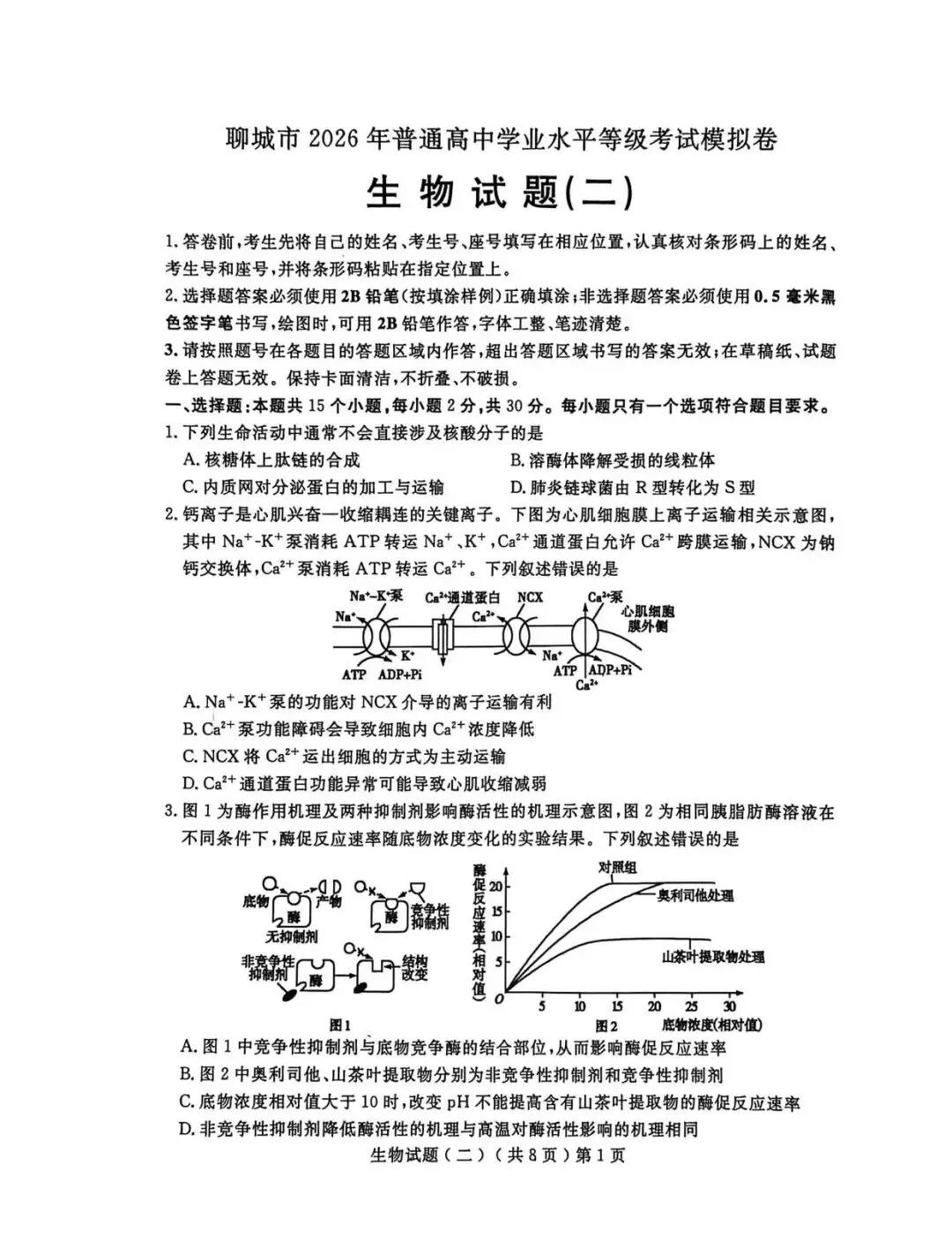 【高三生物】山东聊城市2026届高考考试模拟卷(聊城二模)生物试卷+答案 第1张