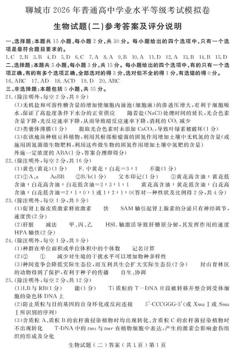 【高三生物】山东聊城市2026届高考考试模拟卷(聊城二模)生物试卷+答案 第9张