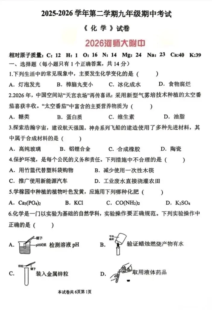 2026河师大附中4月期中考试模拟考试 第1张