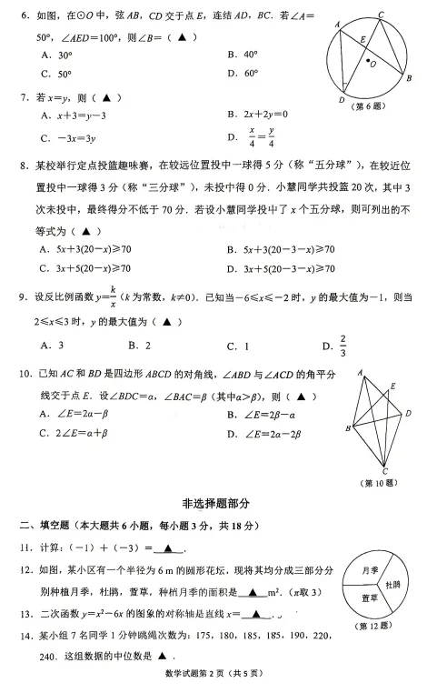 20260428杭州市拱墅区中考一模数学卷来啦 第2张