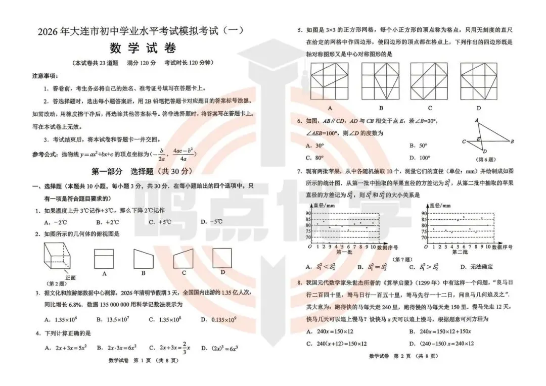2026年大连市中考一模真题试卷&答案(持续更新中),高清试卷可打印!赶紧收藏起来~~~ 第17张