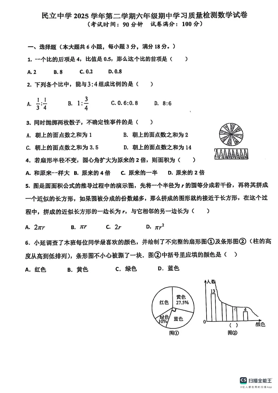 上海市民立中学六年级数学期中试卷(2026.4) 第1张
