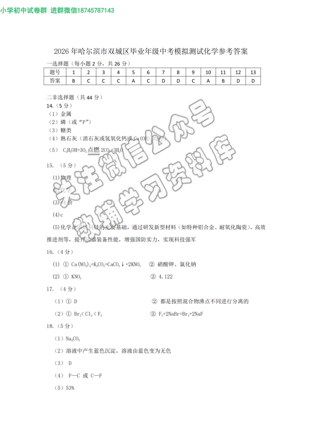 2026 双城区九年级下化学一模 试卷及答案 第10张