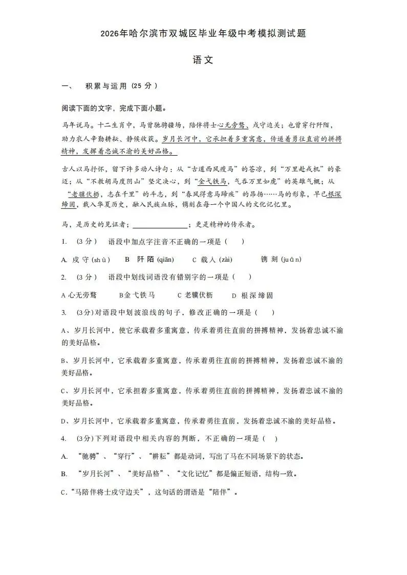 双城区中考模拟测试卷+答案【2026年】【语文】【高清电子版】 第2张