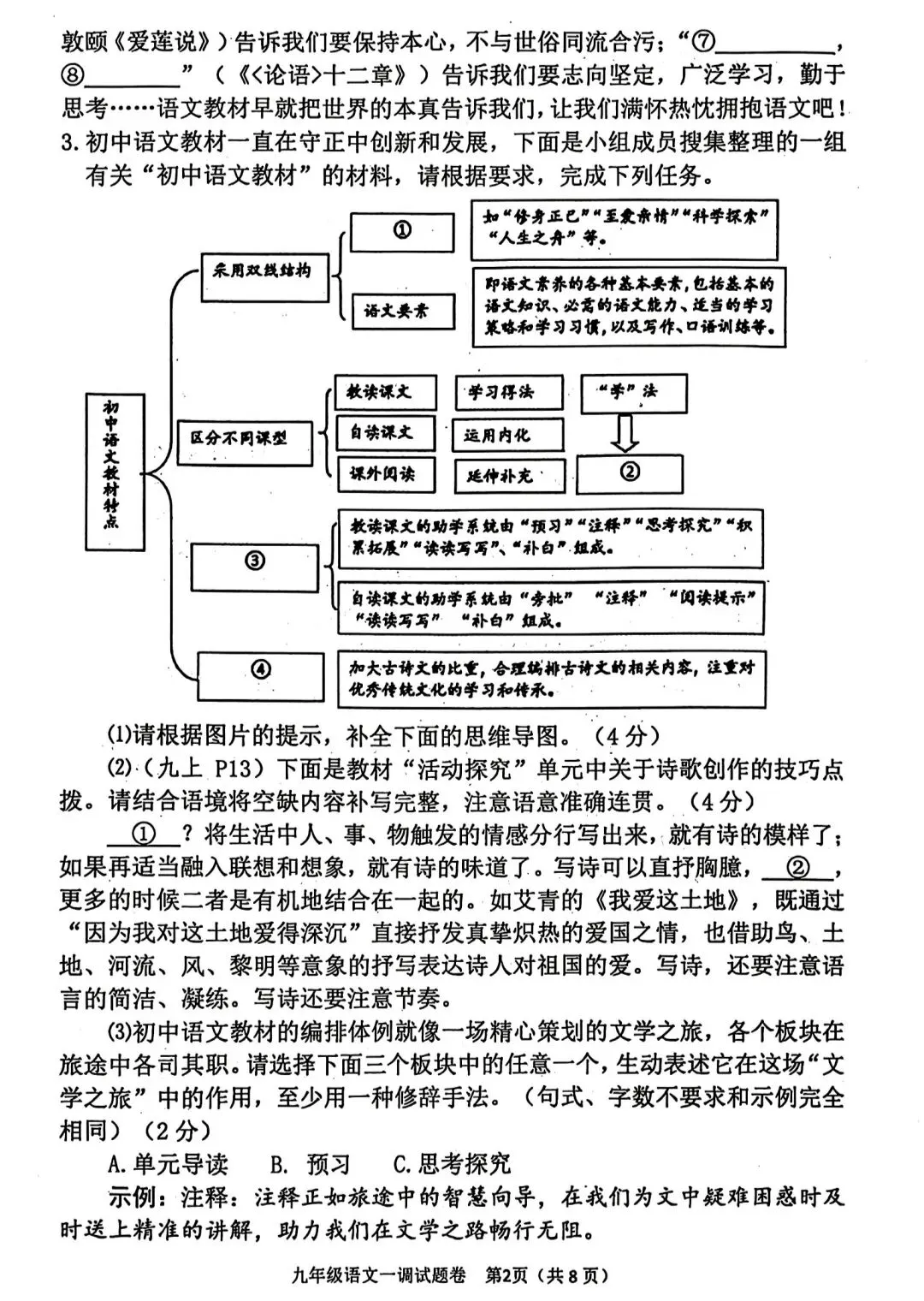 九年级语文一模试卷及答案 第2张