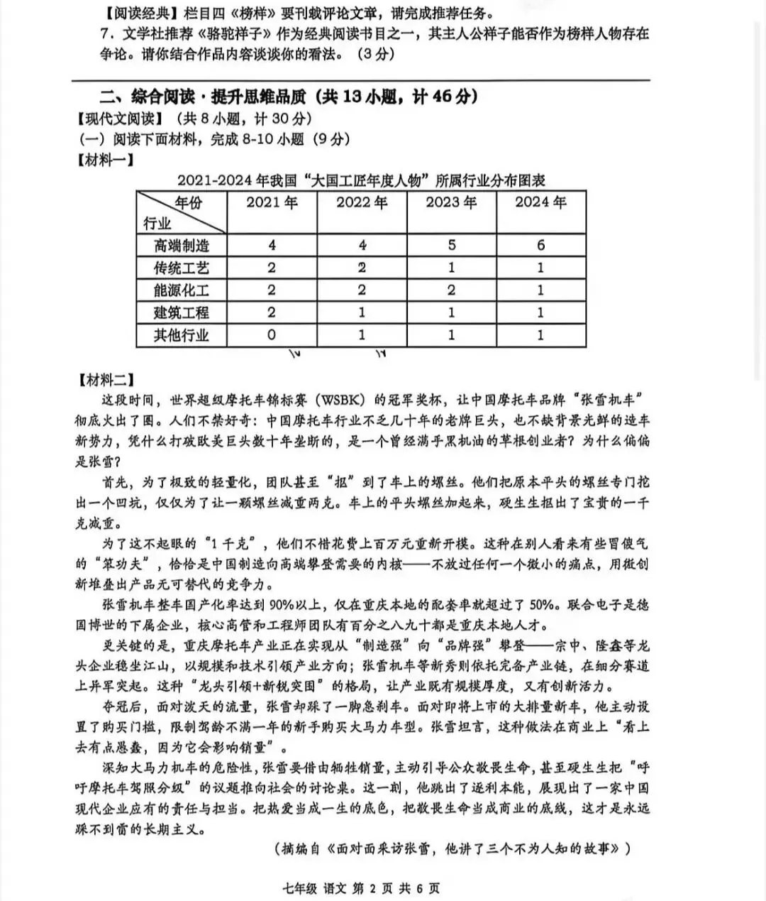2026年高新一中&爱知初一语文期中试卷+答案解析 第2张