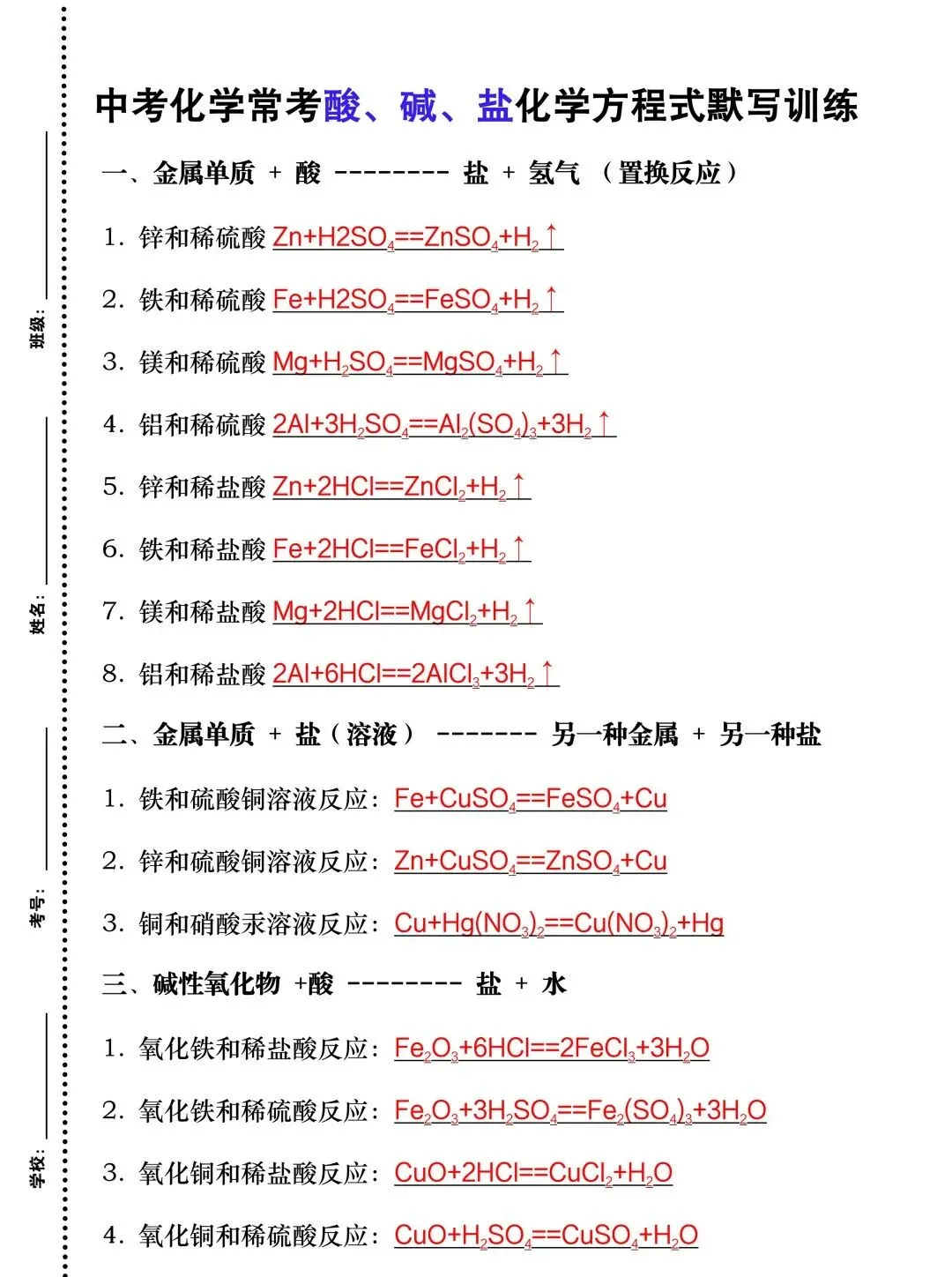 2026中考化学常考【酸、碱、盐化学方程式】默写来了,中考生必练习! 第4张