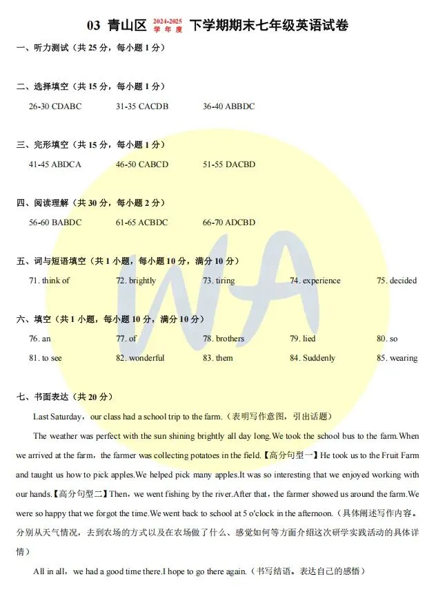 2024-2025年青山区七下期末试卷(答案版) 第1张