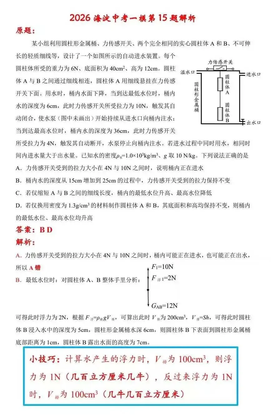 2026海淀中考一模物理试卷第15题详细解析 第1张