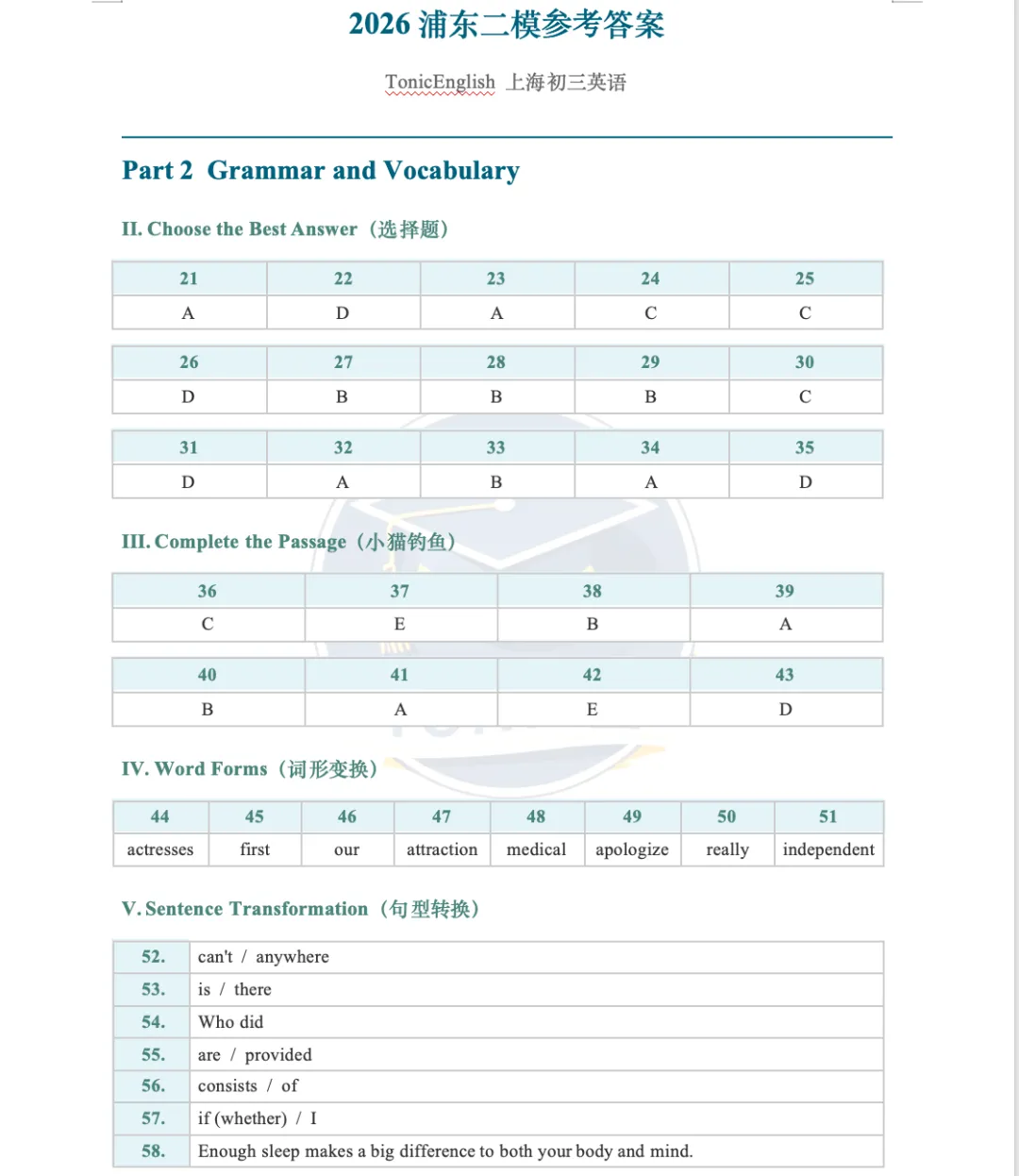 2026上海浦东英语中考二模答案+点评|含金量拉满,贴近中考 第2张