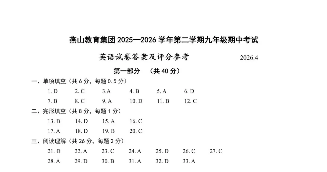 2026北京燕山初三一模英语试卷(含答案) 第11张