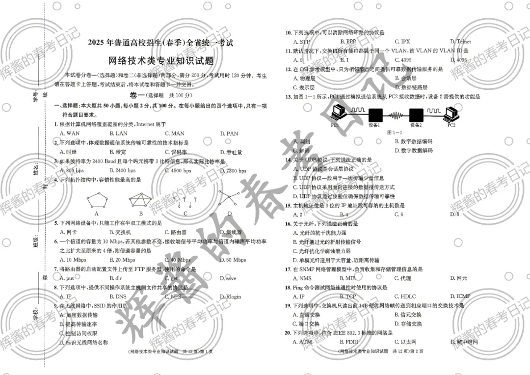 2025年山东春考网络技术理论真题(考生回忆版) 第1张