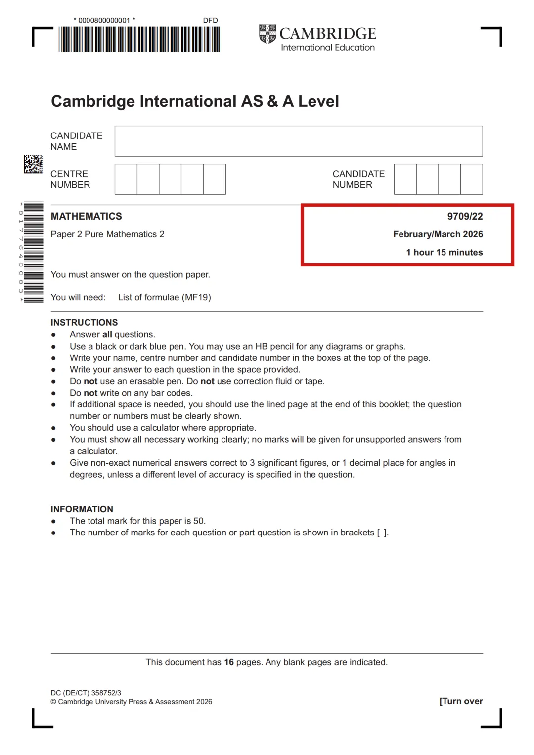 2026Alevel数学9709真题印度春季卷 | 含P1/P2/P3/M1/S1/S2高清版 第2张