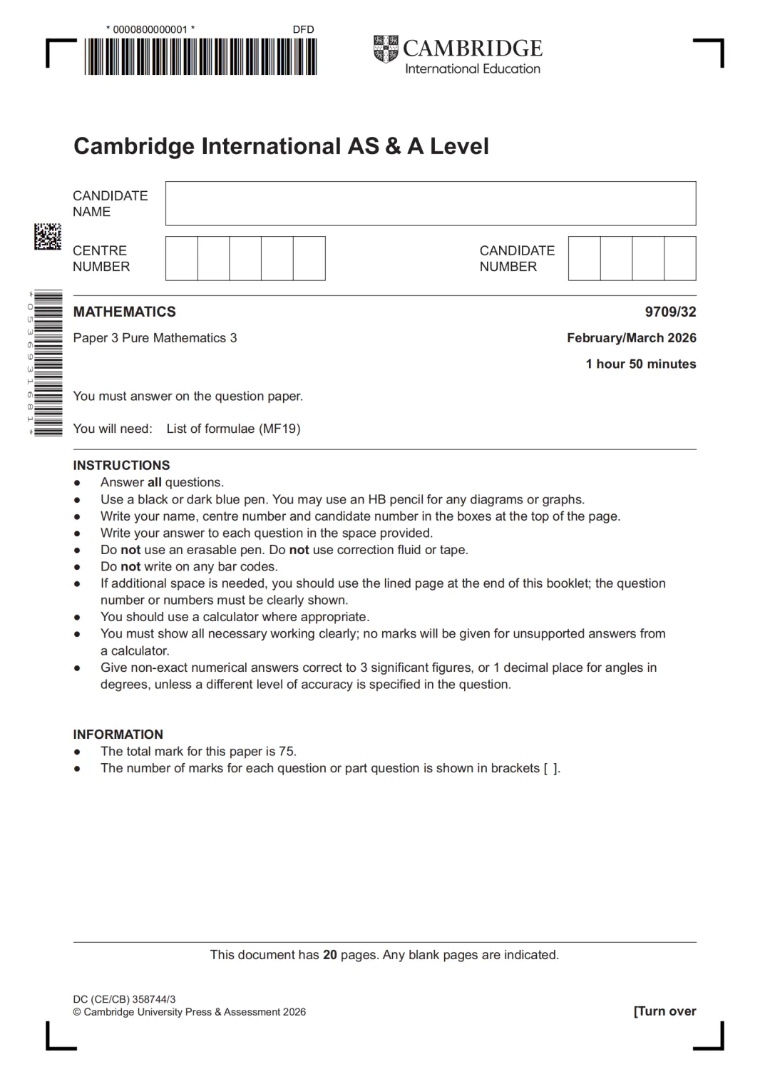 2026Alevel数学9709真题印度春季卷 | 含P1/P2/P3/M1/S1/S2高清版 第5张