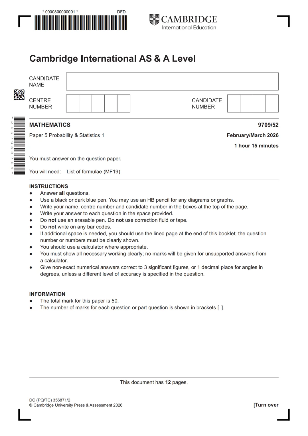 2026Alevel数学9709真题印度春季卷 | 含P1/P2/P3/M1/S1/S2高清版 第9张