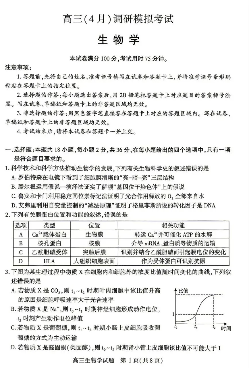 【高清无水印】2026年湖北四调生物试卷+评分标准 第1张