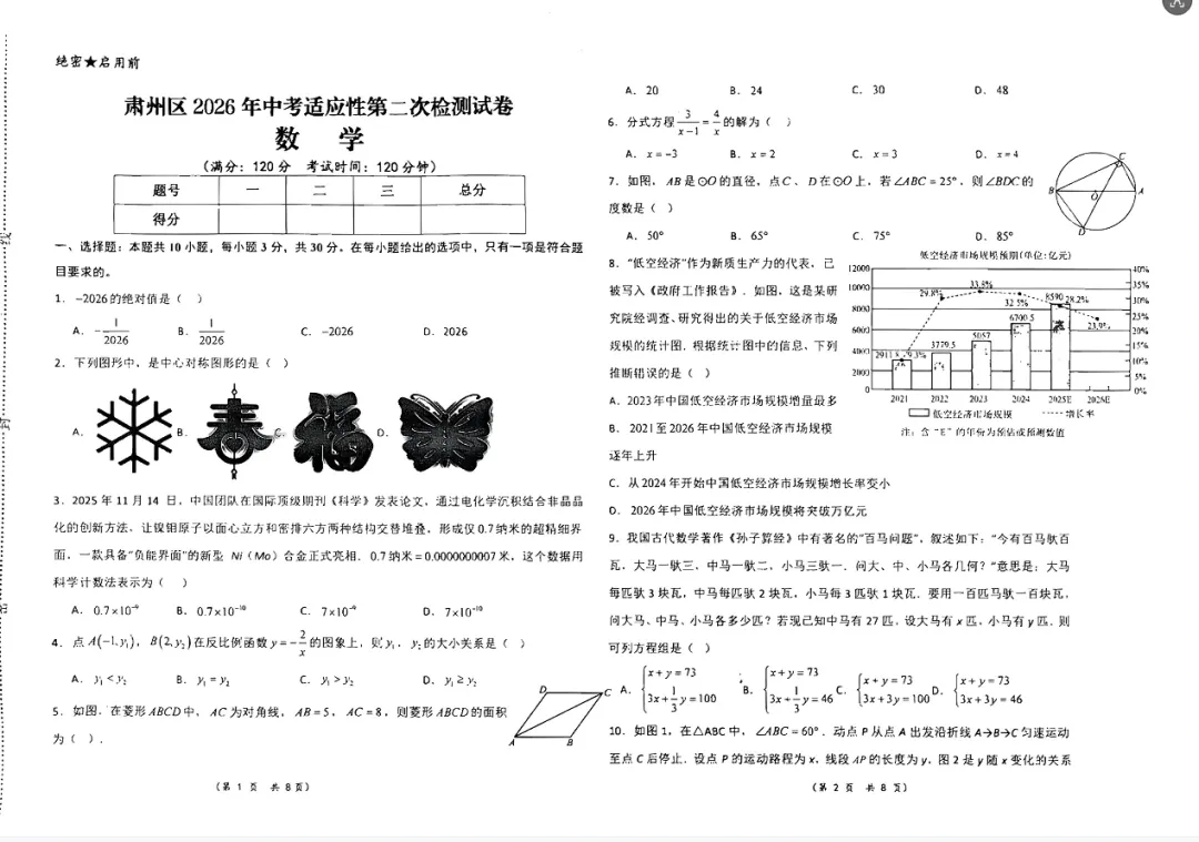 2026年酒泉市中考二模数学试卷 第2张