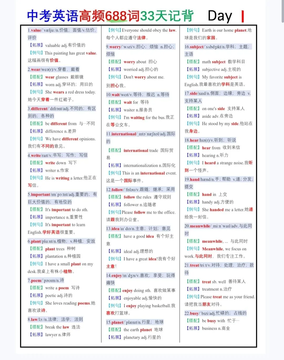 中考英语高频688词33天背记&默写 第1张