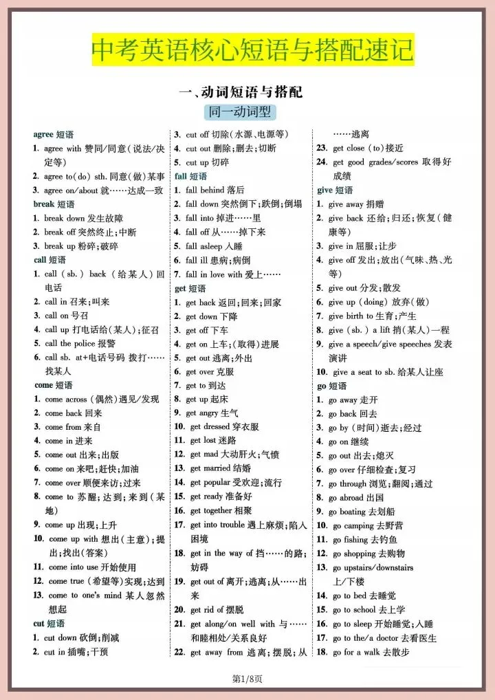 【中考英语】2026年中考英语《核心短语与搭配速记》背诵篇,完整电子版可打印! 第9张