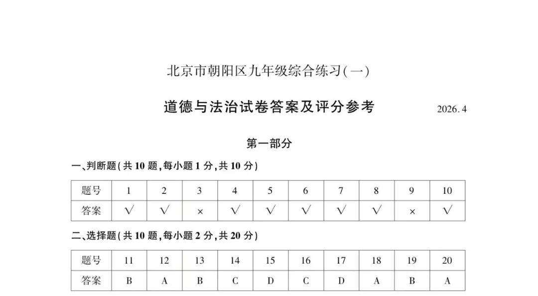 2026北京朝阳初三一模道德与法治试卷(含答案) 第9张