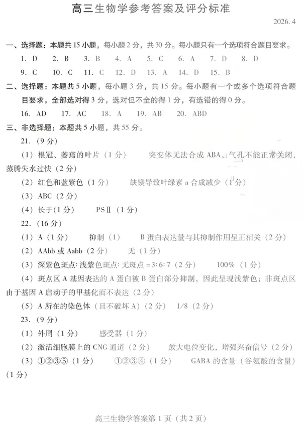山东省潍坊巿2026年4月高考模拟考试生物试卷 第10张