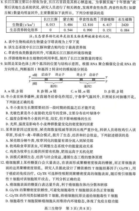 【模拟试题】武汉市2026届高三年级四月调研考试生物学试卷 第3张