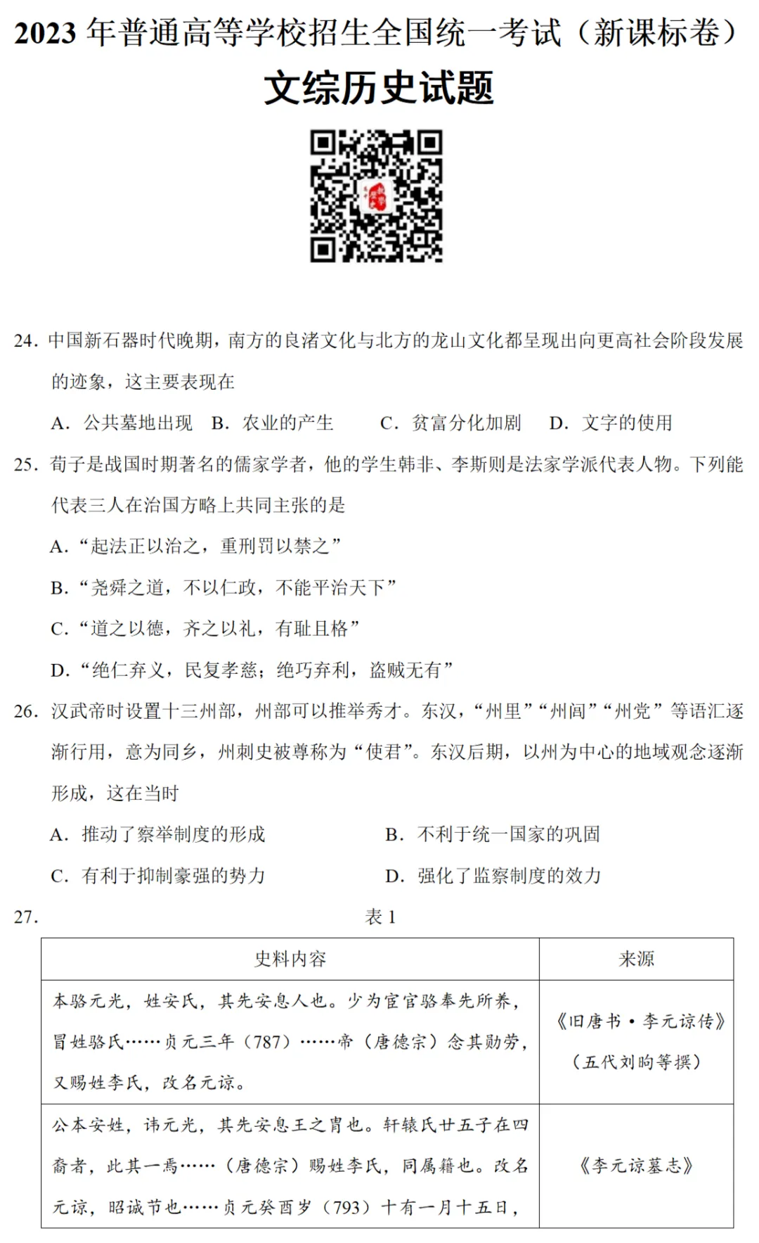 高考真题|2023年高考全国新课标卷历史试题 第1张