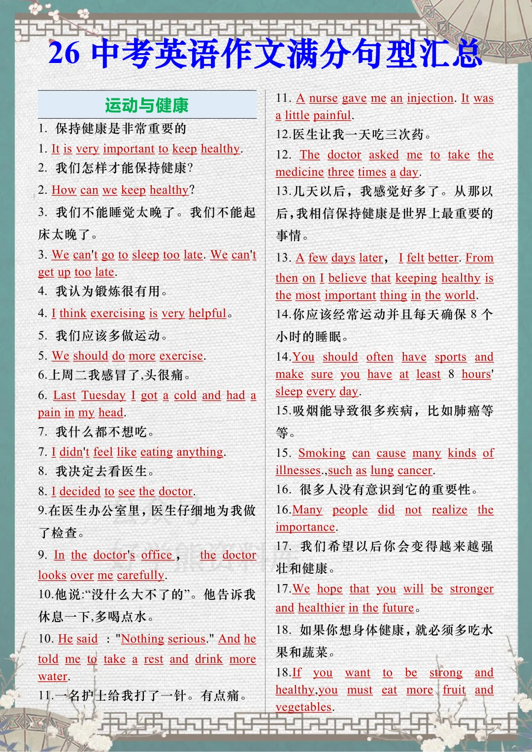 【中考复习】2026中考英语作文满分句型汇总 第1张