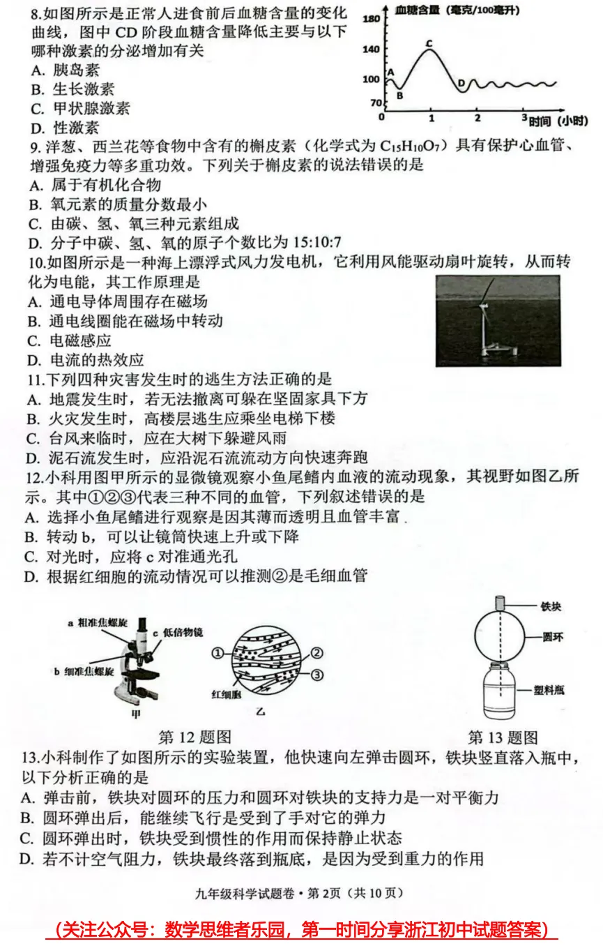【中考一模27】26西湖区中考一模科学试题答案(可下载+0430)! 第5张