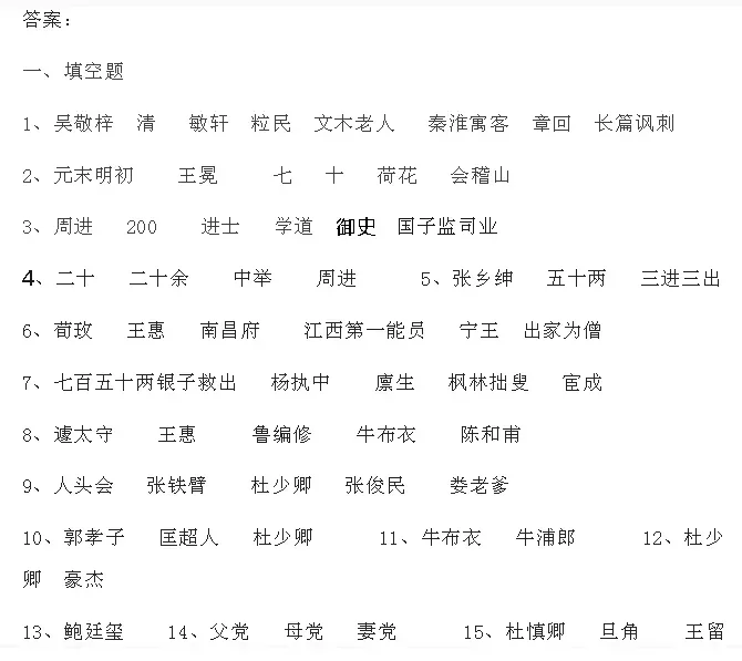 中考语文必考名著《儒林外史》习题(附答案) 第16张