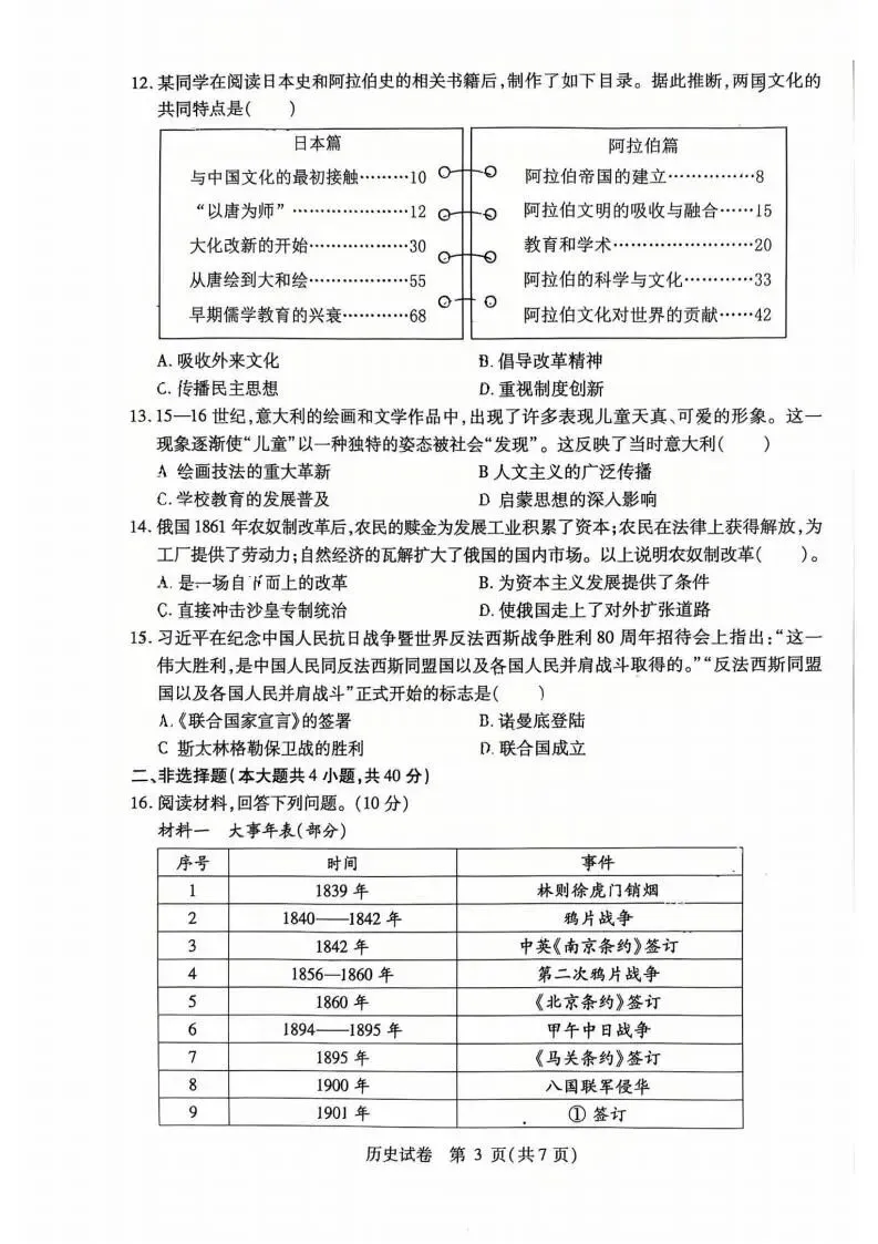 南岗区九年级复习情况调研测试(二)试卷+答案【2026年】【历史】【高清电子版】 第4张