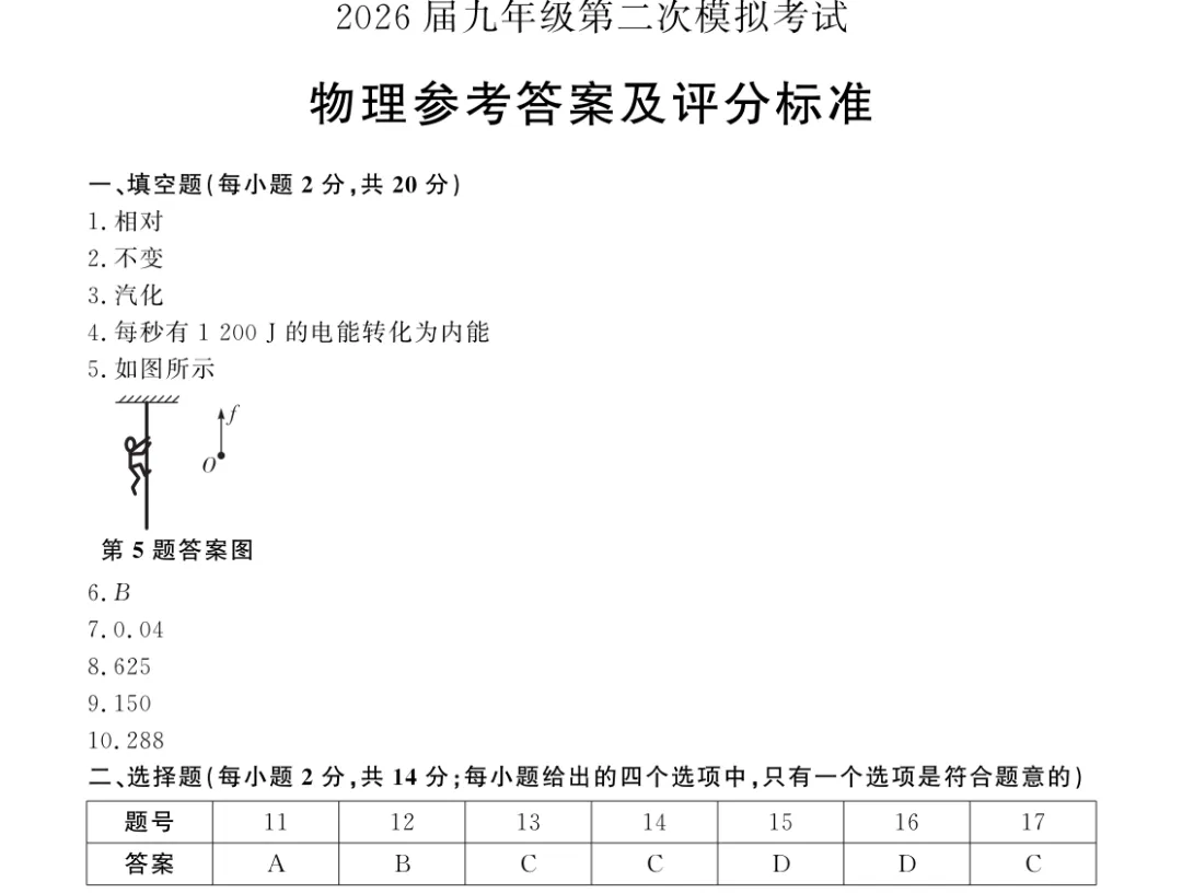 【9物二模】2026届九年级第二次模拟考试物理试卷及答案 第5张