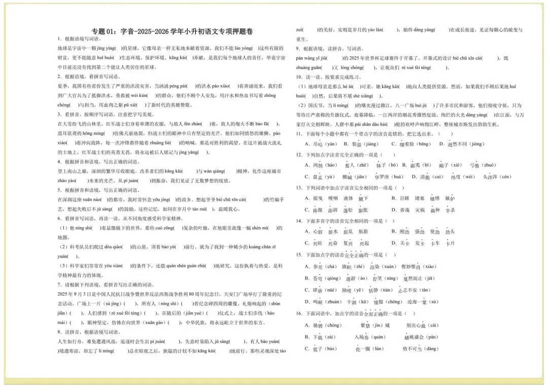 2026年小升初语文测试卷押题真题卷(字音、字形、字义),完整电子版可打印 第2张