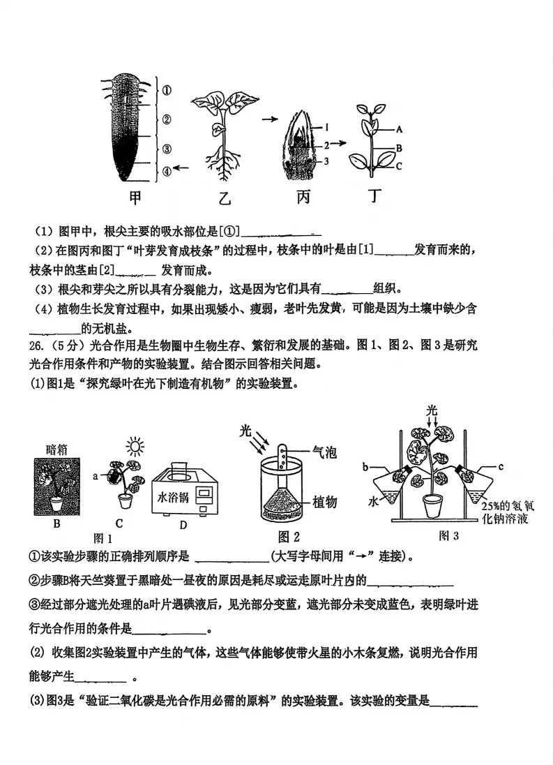 2026工附中学七年级下生物期中考试 试卷+答案 第5张
