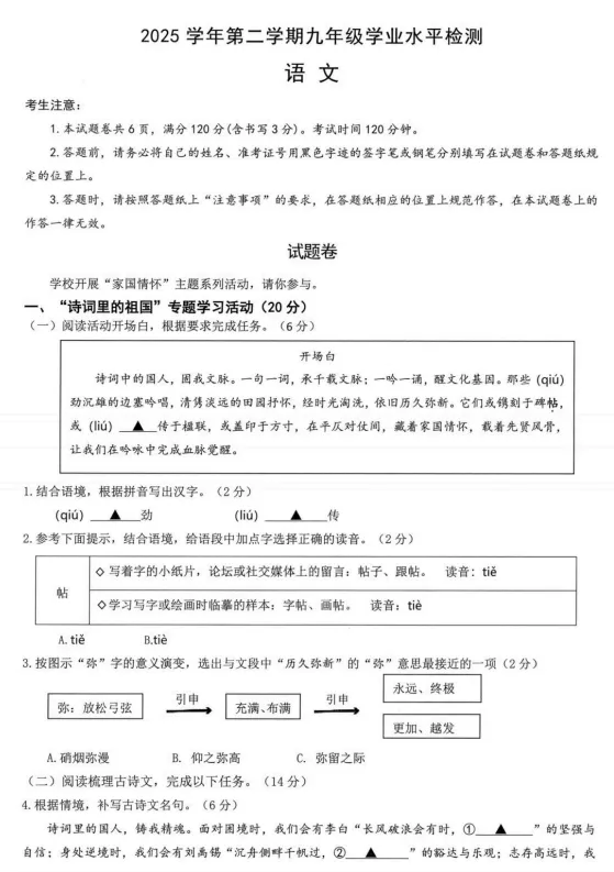 杭州临安市九年级中考语文一模卷 第2张