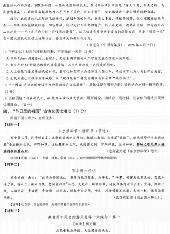 杭州临安市九年级中考语文一模卷 第6张