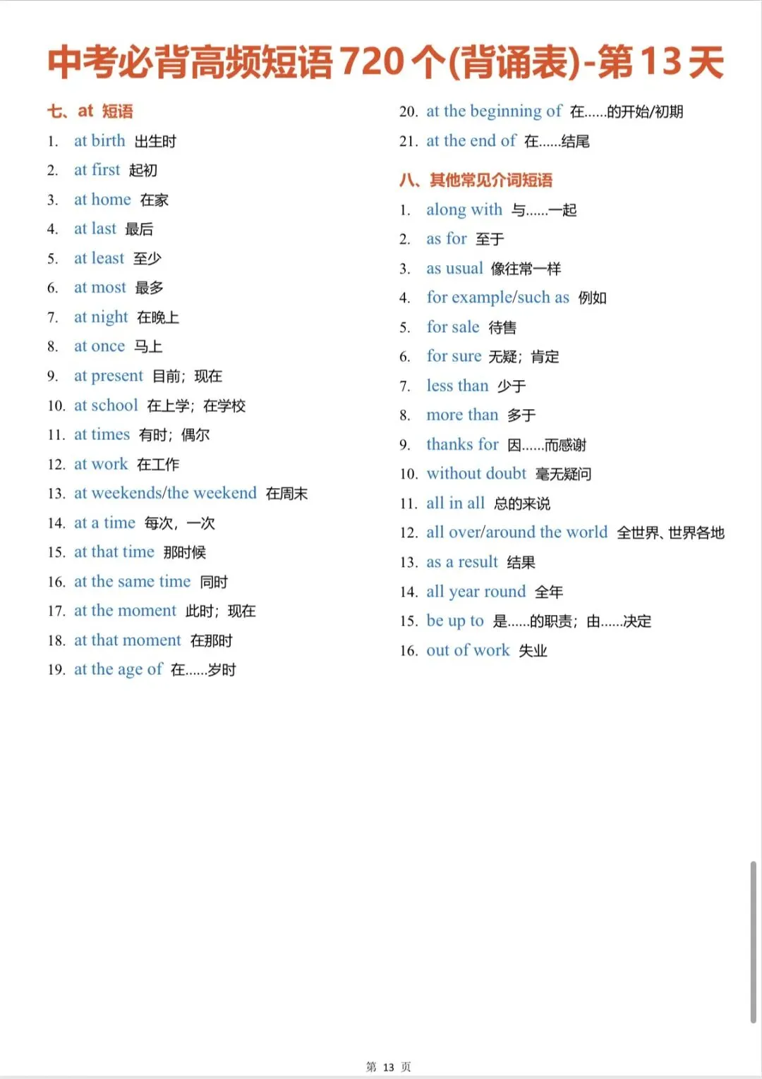 中考必背高频短语720个(背诵表) 第13张