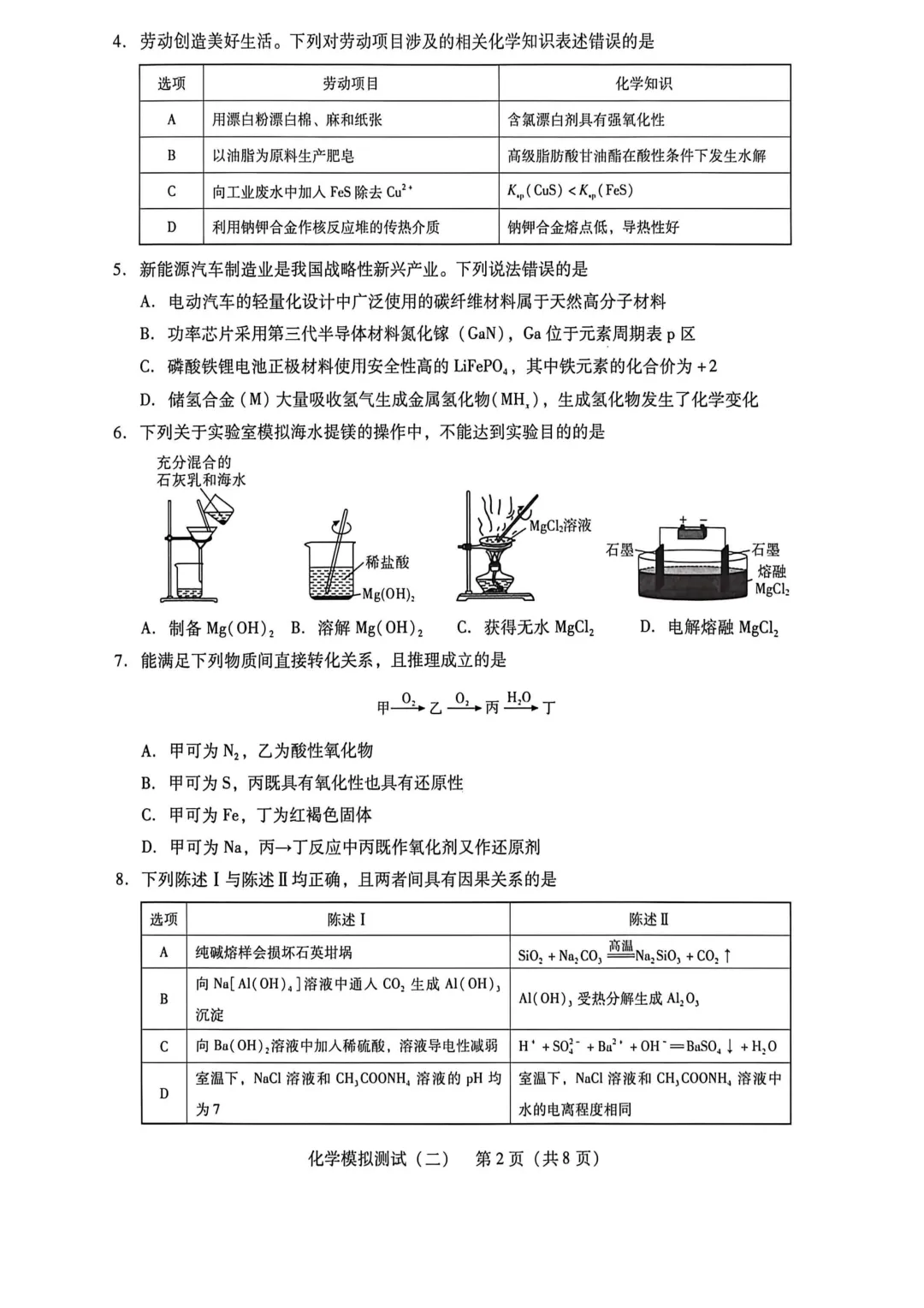 2026届广东省高三第二次模拟考试化学试卷及答案 第2张
