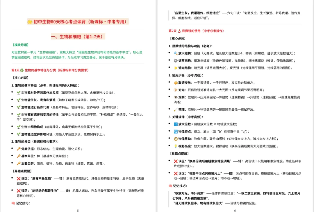 60 天吃透生物!中考核心考点读背清单 + 每日打卡,轻松逆袭提分 第6张