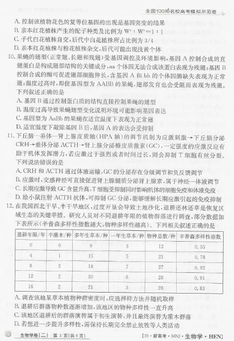 河南省2026年高三模拟测试(二)生物学试题及答案 第5张