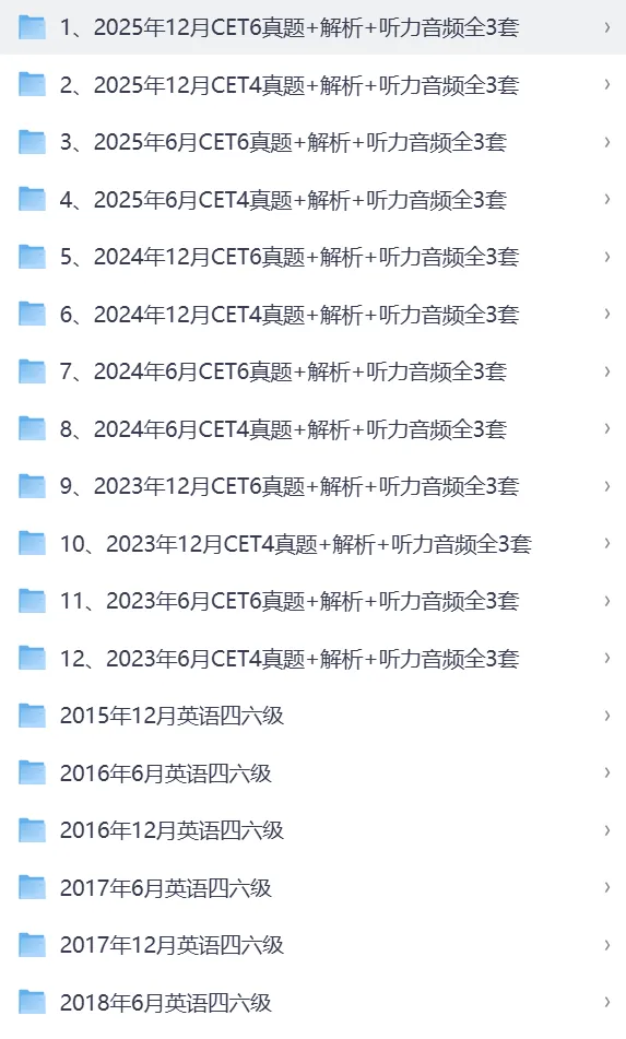 【英语四级历年真题】2015-2025年12月四级历年真题及答案解析听力音频PDF电子版 第1张