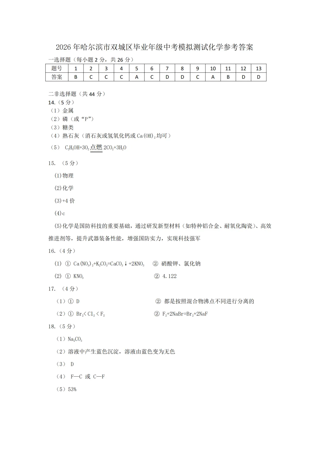 2026年哈尔滨市双城区调研测试试卷(物理、化学) 第11张