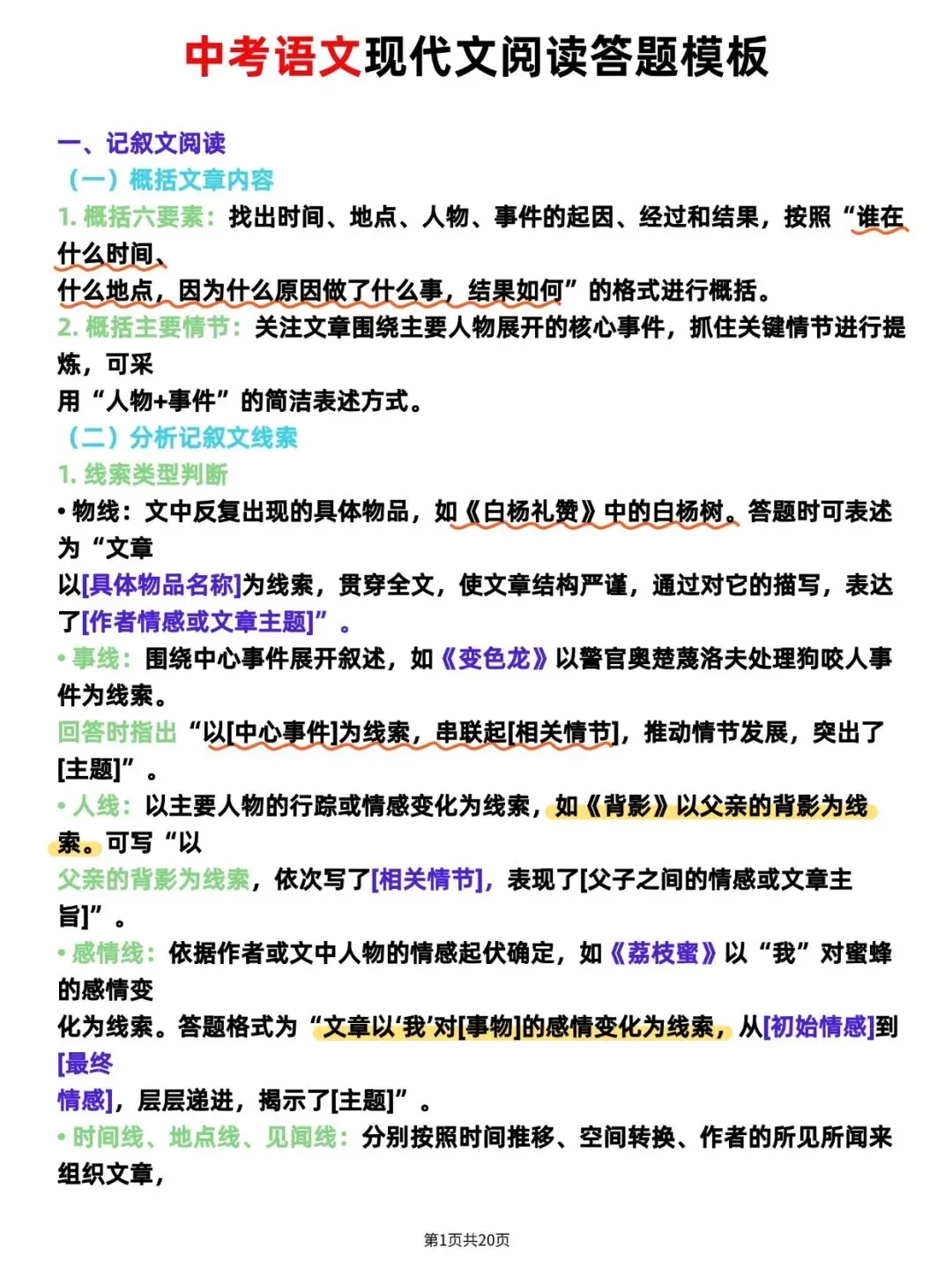 2026:中考语文现代文阅读答题模板高分必备 可打印~ 第1张