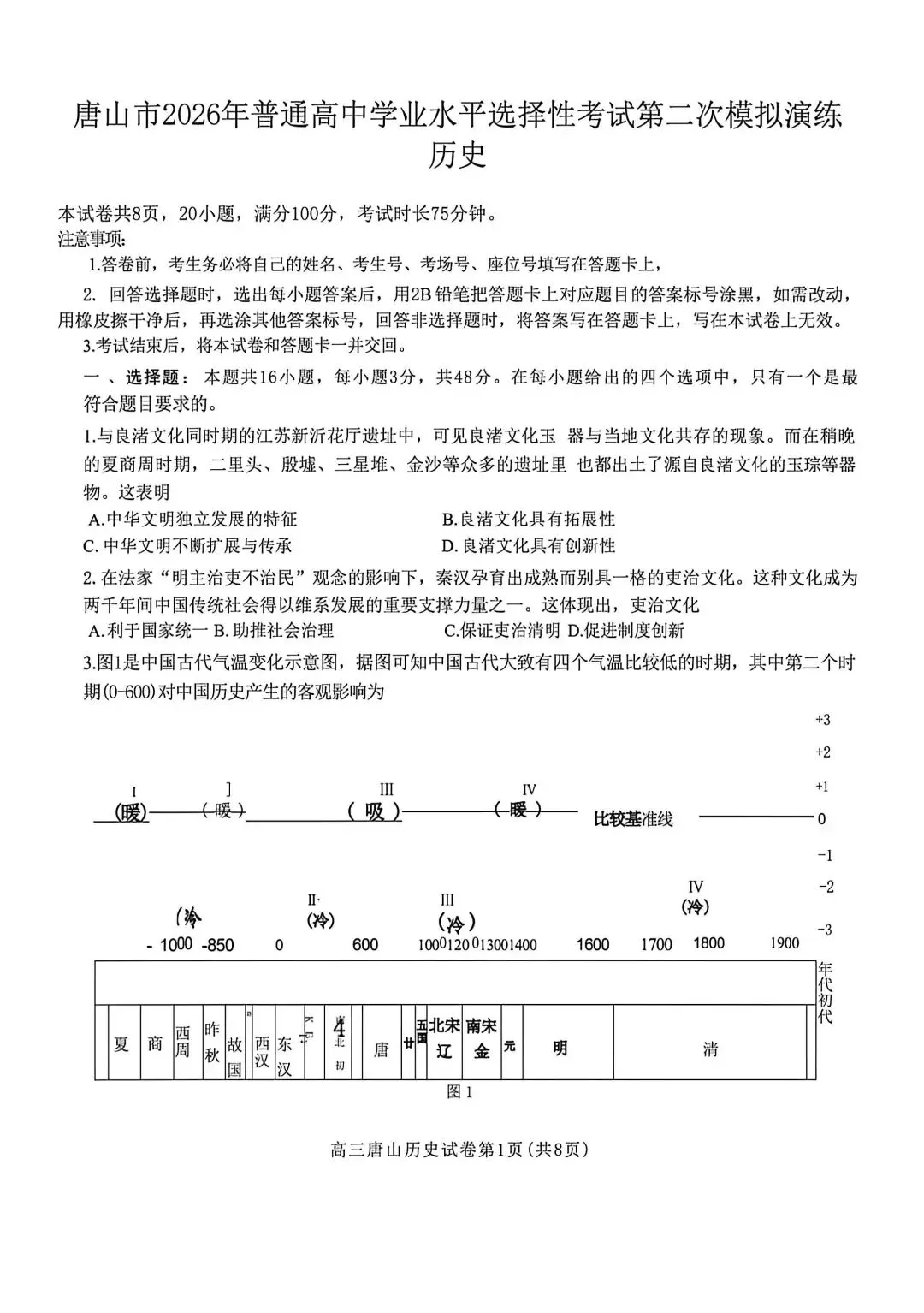 2026河北唐山高三二模历史试卷 第1张