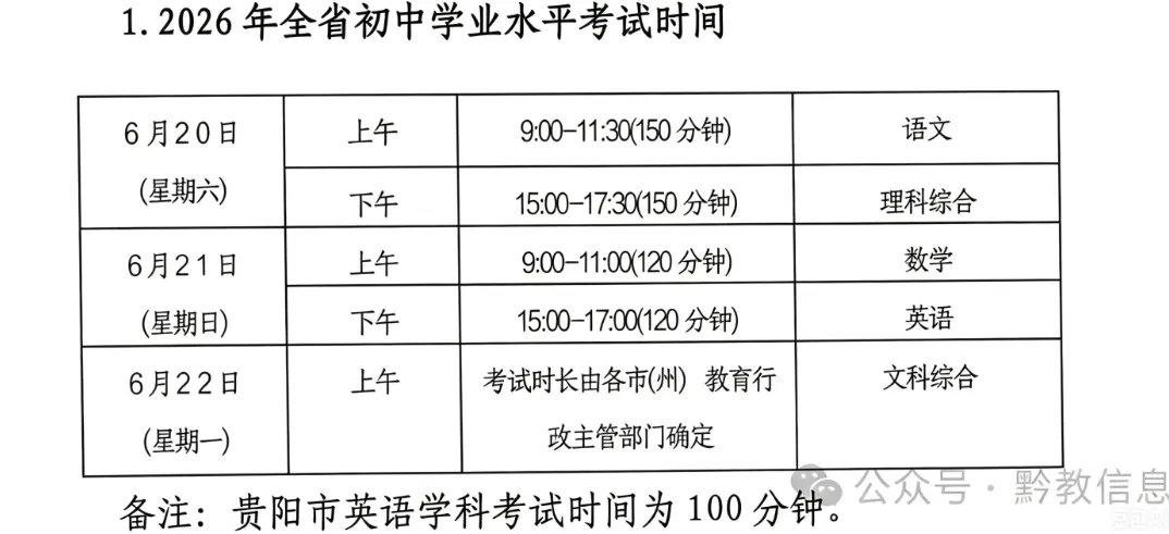 重要提醒!2026年贵州中考时间定了!附各科考试安排 第4张